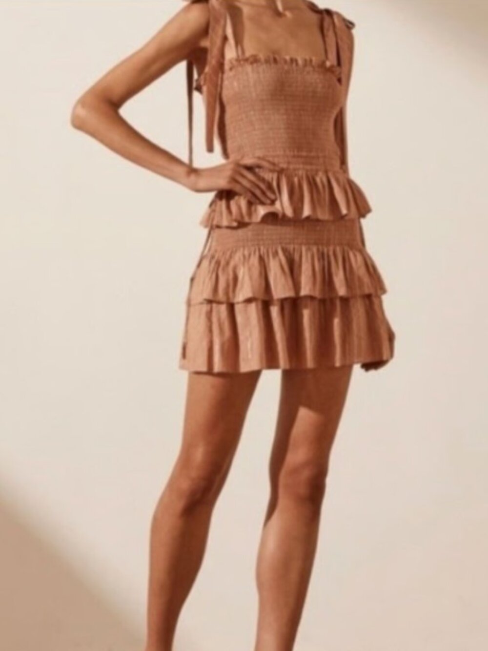 House of Harlow 1960 Corinne Smocked Ruffle Tiered Mini Dress S Gold Metallic